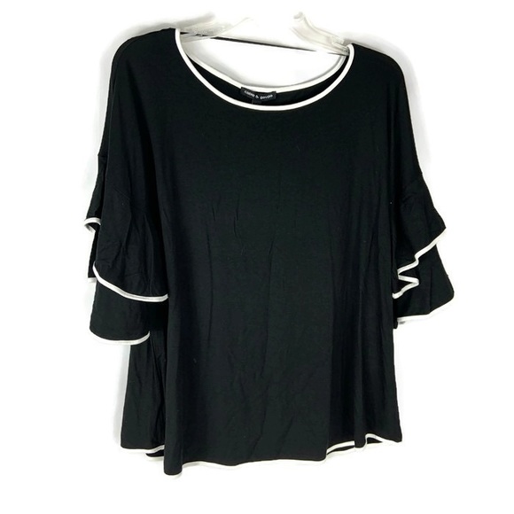 Cable & Gauge Tops - Cable & Gauge Black White Trim Ruffle Sleeves Top